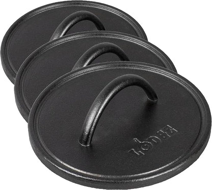 Lodge Pre-Seasoned Round Cast Iron Press - Cast Iron Griddle Press for a Restaurant-Quality Sear - Unparalleled Heat Retention - Use on the Stove or the Grill - 8 Inch (Pack of 3)