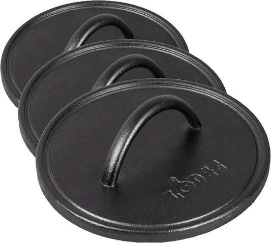 Lodge Pre-Seasoned Round Cast Iron Press - Cast Iron Griddle Press for a Restaurant-Quality Sear - Unparalleled Heat Retention - Use on the Stove or the Grill - 8 Inch (Pack of 3)