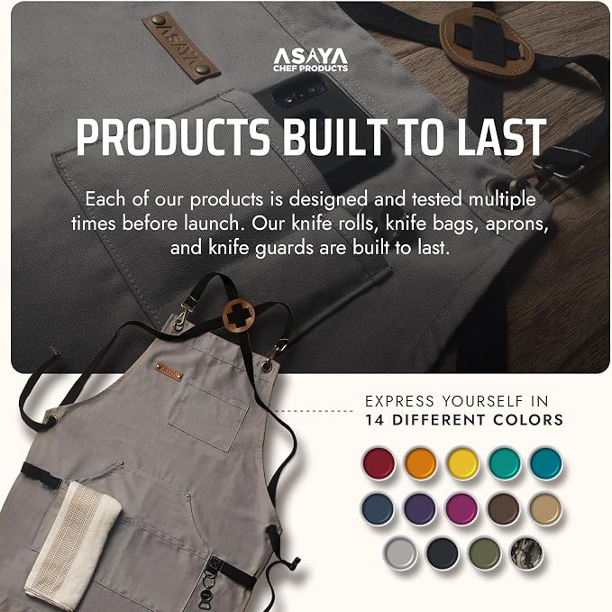 Asaya Chef and BBQ Apron with Bottle Opener and Hand Towel - 10oz Cotton Canvas, Stainless Steel Hardware - Cross Back Straps