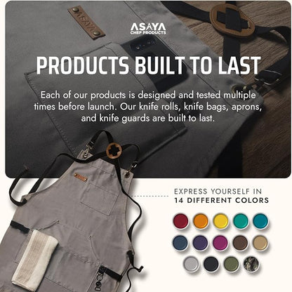 Asaya Chef and BBQ Apron with Bottle Opener and Hand Towel - 10oz Cotton Canvas, Stainless Steel Hardware - Cross Back Straps