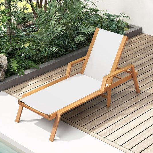Tangkula Wood Chaise Lounge Chair Outdoor, Patio Sun Lounger with Adjustable Back, Acacia Wood Lounge Chair with Breathable Fabric for Poolside Lawn Backyard