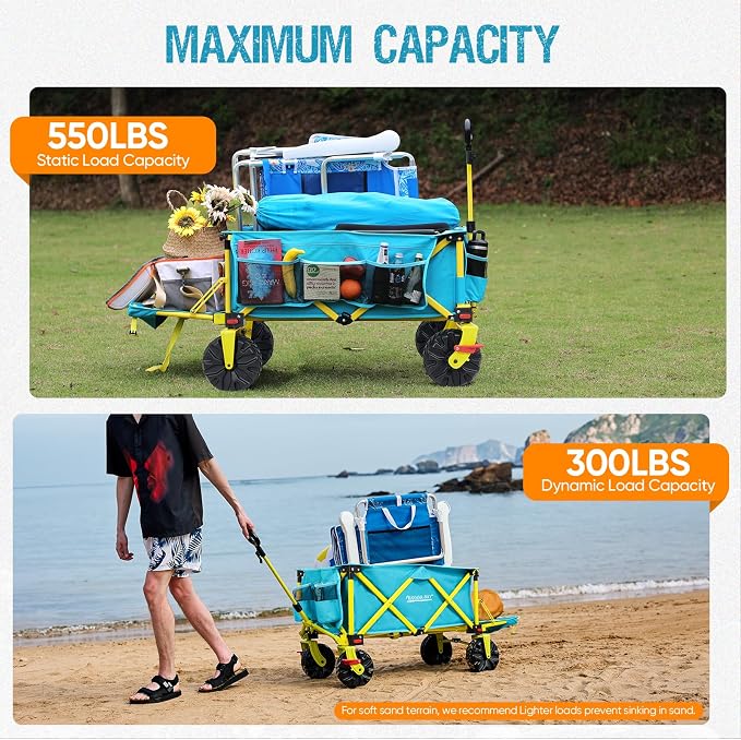 300lbs Extra Long 49" L Beach Wagon with Big Wheels with Brake for Sand, Collapsible Utility Beach Cart Heavy Duty Folding Wagon,Ideal for Outdoor Sand Camping Garden Pet