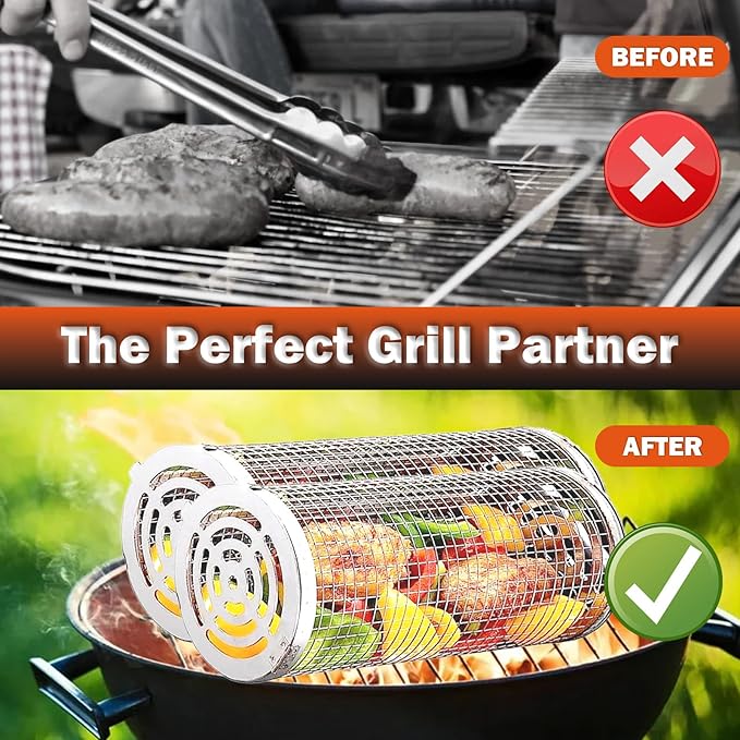 Rolling Grill Baskets for Outdoor Grill, 2 Pcs Stainless Steel Grill Basket with Removable Wooden Handle, Camping Picnic BBQ Accessories Tools for Grilling Vegetables, Gifts for Men
