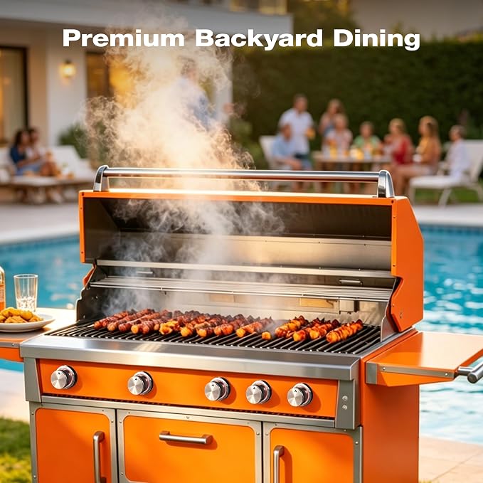 49" Orange Stainless Steel Grill, 4 Burners & Infrared Burner, Natural Gas | 99,000 BTU dual-lined hood easy ignition warming rack versatile cooking space storage drawers gliding wheels