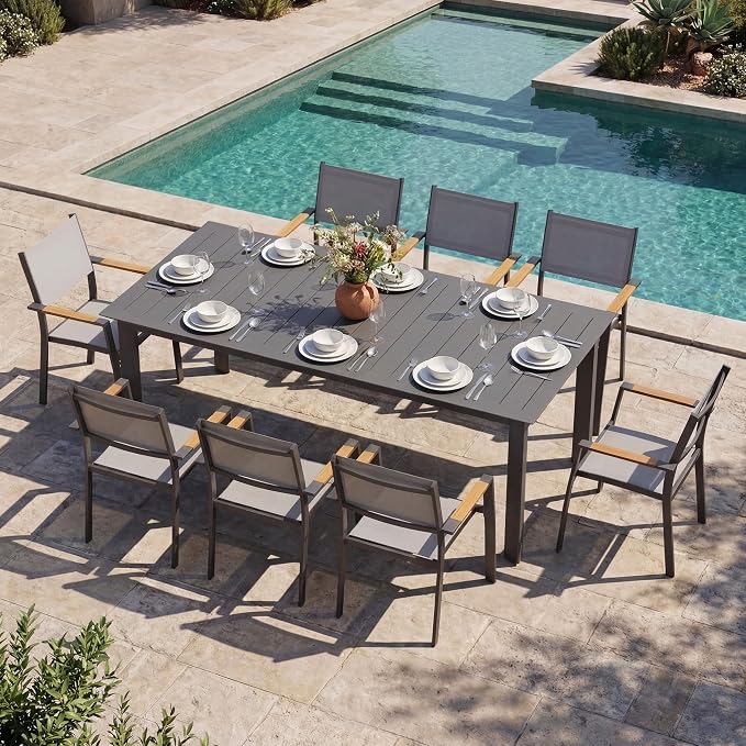 RoyalCraft Aluminum Outdoor Patio Table and Chairs Set with 121" L -81" L Expandable Dining Table, 9-Pieces Patio Furniture Set for 8, Outdoor Dining Set with Stackable Quick Drying Chairs, Grey