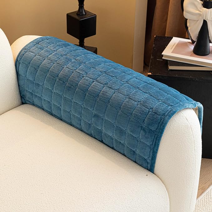 Velvet Couch Cover, Plush Sectional Sofa Cover Washable, Anti Slip Sofa Slipcover for Armrest & Backrest, Furniture Protector Covers for Pets & Kids(1PC, Blue, 35.4"×35.4", Single Seater)