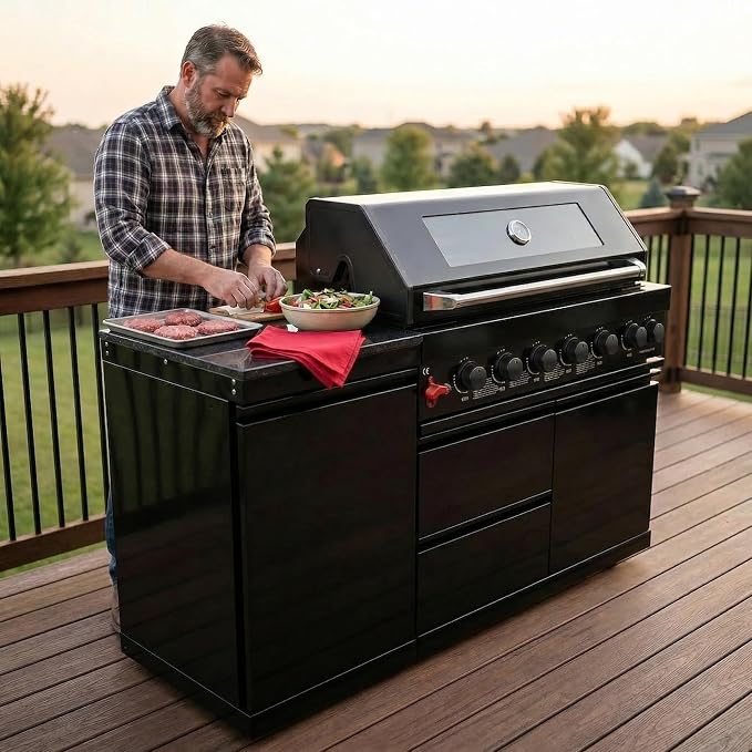 63 Inch Outdoor Kitchen Island, 6-Burner 85000 BTU Propane Stainless Steel BBQ with Side/Rear Burners, Outdoor Kitchen Bar Barbecue Island Grill,Marble Countertops,For Backyard BBQ