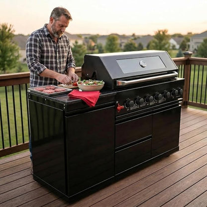 63 Inch Outdoor Kitchen Island, 6-Burner 85000 BTU Propane Stainless Steel BBQ with Side/Rear Burners, Outdoor Kitchen Bar Barbecue Island Grill,Marble Countertops,For Backyard BBQ