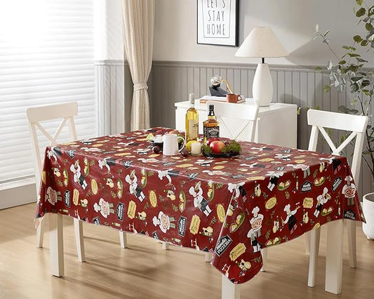 Newbridge 60 x 84 Inch Rectangle Vinyl Tablecloth with Flannel Backing, Italian Red Bistro Chef, Novelty Chef Indoor Outdoor Waterproof Table Cover for Picnic, Barbecue, Patio and Kitchen Dining