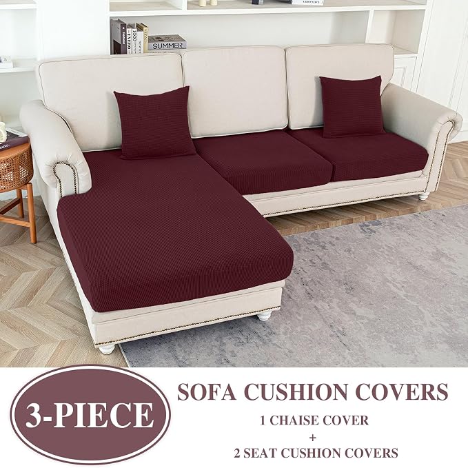 LA MEACK Couch Cushion Covers for Sectional Sofa L Shape Washable Separate Seat Chaise Couch Cover Stretch Sofa Slipcovers with 2 Pcs Pillowcases(2 Seater + 1 Chaise, Burgundy)