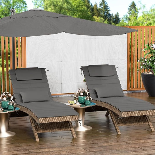 2 Sets of Outdoor Water-Resistant Olefin Chaise Lounge Cushions with Headrest and Pillow, Weather and Fade Resistant Foldable Quilted Lounge Chair Pads with Straps, Dark Gray, 73" L x 22" W