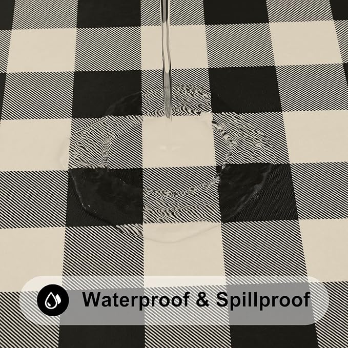 Smiry Rectangle Picnic Table Cloth, Elastic Waterproof Fitted Vinyl Tablecloths, Flannel Backed Buffalo Plaid Table Covers for Dining, Camping, Outdoor (Black and Beige, 30" x 48")