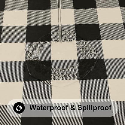 Smiry Rectangle Picnic Table Cloth, Elastic Waterproof Fitted Vinyl Tablecloths, Flannel Backed Buffalo Plaid Table Covers for Dining, Camping, Outdoor (Black and Beige, 30" x 96")