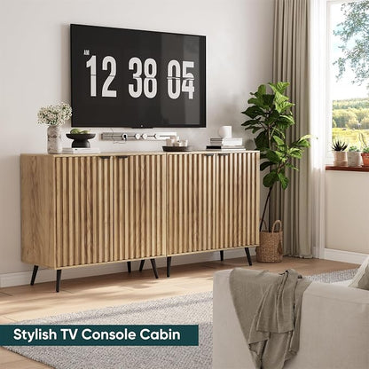 Semiocthome Buffet Cabinet with Storage, Sideboard Cabinet with Fluted Doors and Metal Legs, Storage Cabinet with Adjustable Shelf, Accent Table for Living Room, Kitchen, Entryway - Natural