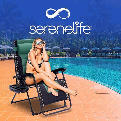 SereneLife Padded Zero Gravity Lounge Chair - Reclining Patio Chairs - Outdoor Lounge Chairs with Detachable Cup Holder Tray - Folding Recliner Chair with Removable Pillows - 1, Green and Black