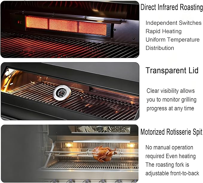 Built In 6 Burner Propane Gas Grill, 304 Stainless Steel 39in Gas Grill, 72,000 BTU with 684sq.in. Cooking Space, Rear Burner with Tri-fuel Compatibility