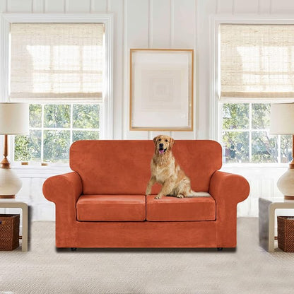 WEERRW Velvet Stretch 3 Pieces Couch Cover for Sofa Washable, Pumpkin | Love Seat Couch Covers for 2 Cushion Couch Sofa Furniture Protector slipcoves with Elastic Bottom for Kids, Medium