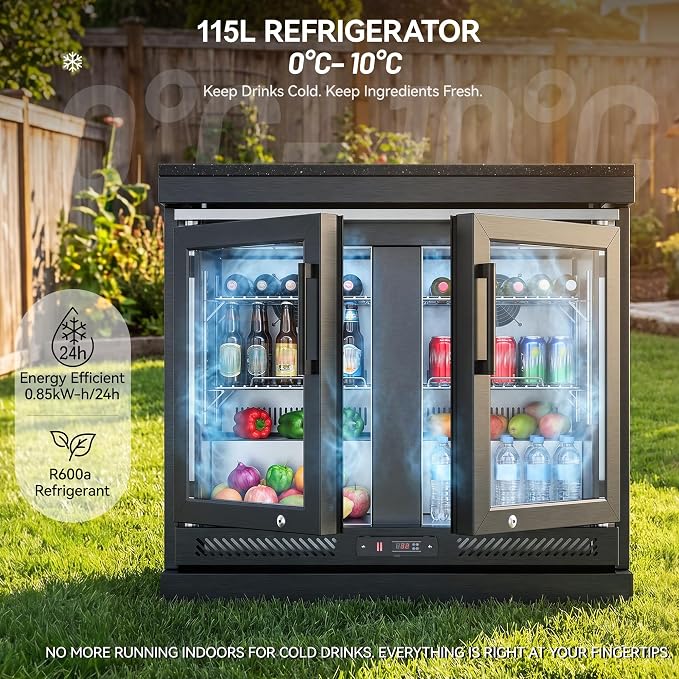 SERA C 4-Burner Propane Modular Outdoor Kitchen with Fridge Black | Black 304 stainless steel, 75,300 BTU + side burner, 68L fridge 0-10°C, soft-close, locking casters, compact patio backyard
