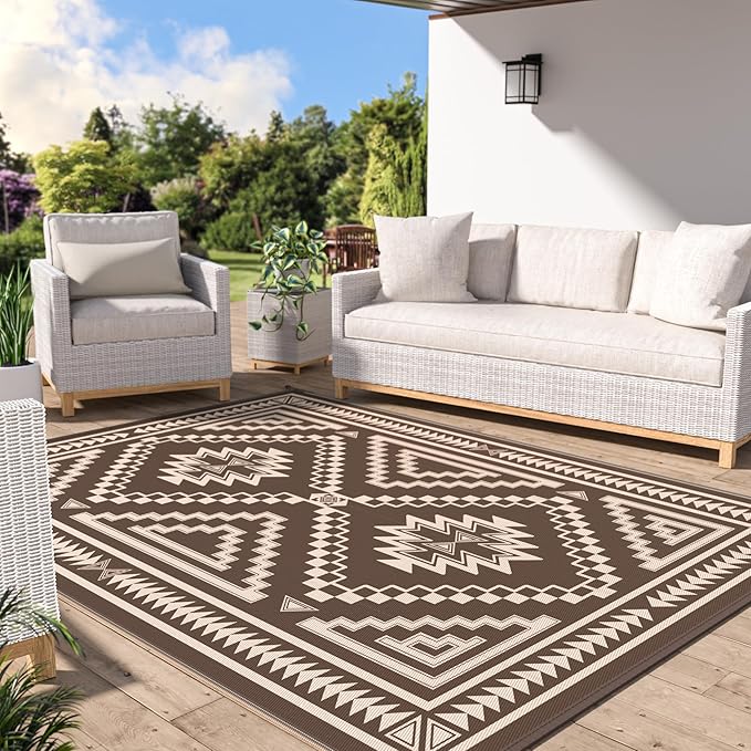 GENIMO Outdoor Rug, Waterproof Plastic Rugs for Patio, 6'x9' Light Beige | Outside Larger Modern Carpet Mat for Porch Decor, Deck, Balcony, Camping, RV, Backyard, Picnic, Beach, Reversible, Foldable