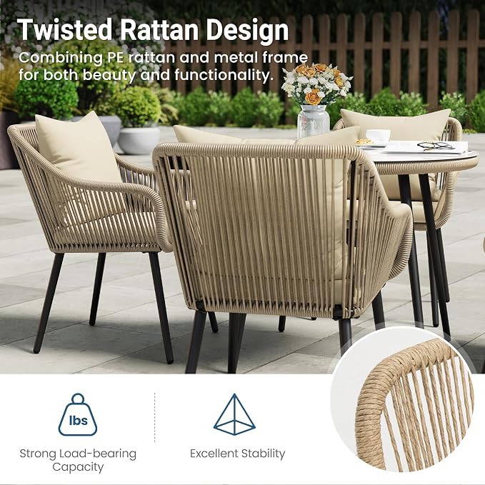 Wisteria Lane 5-Piece Patio Dining Table Set, All Weather Twisted Rattan Furniture Set with Cushions, Outdoor Dining Table Chair Set with Umbrella Hole, Ideal for Backyard Balcony Deck Garden, Beige
