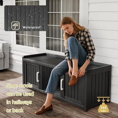 Storage Bench - Waterproof Resin Shoe Bench with Adjustable Shelves - Indoor & Outdoor Use, 2 Doors Entryway Bench with Hidden Storage Space - Storage Cabinet for Bedroom, Hallway, Black