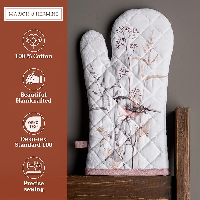 Maison d'Hermine Oven Gloves 100% Cotton Oven Mitt 7" x 13" with Loop Heat Resistant BBQ Cooking Gloves Baking Grilling Kitchen Hotel Home Farmhouse Spring Summer (Pack of 1, Meadow Florals - Brown)