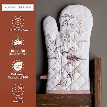 Maison d'Hermine Oven Gloves 100% Cotton Oven Mitt 7" x 13" with Loop Heat Resistant BBQ Cooking Gloves Baking Grilling Kitchen Hotel Home Farmhouse Spring Summer (Pack of 1, Meadow Florals - Brown)