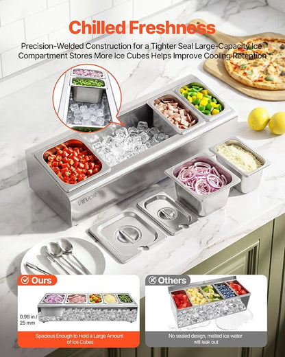 VEVOR Countertop Food Serving Display Container, Stainless Steel Food Salad Server Tray, Buffet Condiment Dispenser, Ice Cooled Rack with Separate Lid, for Restaurant Hotel Kitchen (2x1/6+3x1/9 Pan)