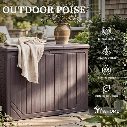 YITAHOME 230 Gallon Extra Large Outdoor Storage Box, Waterproof Double-WallDeck Box with Hydraulic Piston for Garden Tools, Pool Accessories & Cushions, Resin Deck Organizer with Bench Seat(Brown)