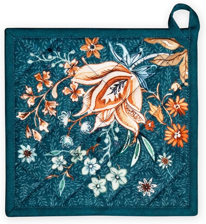 Maison d' Hermine Pot Holders 100% Cotton Potholders (8" x 8", Pack of 1) | Heat Resistant Hot Pads with Loop BBQ Cooking Kitchen Handling Hot Pans Thanksgiving Christmas - Luxury Loft - Dark Teal