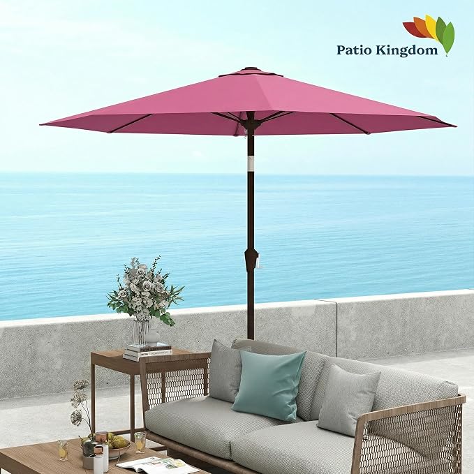 9FT Patio Umbrella Outdoor Table Umbrella w/Push Button Tilt and Crank, 8 Sturdy Ribs, UV Resistant Waterproof Market Umbrella for Pool, Deck, Backyard, Garden, Rose Pink