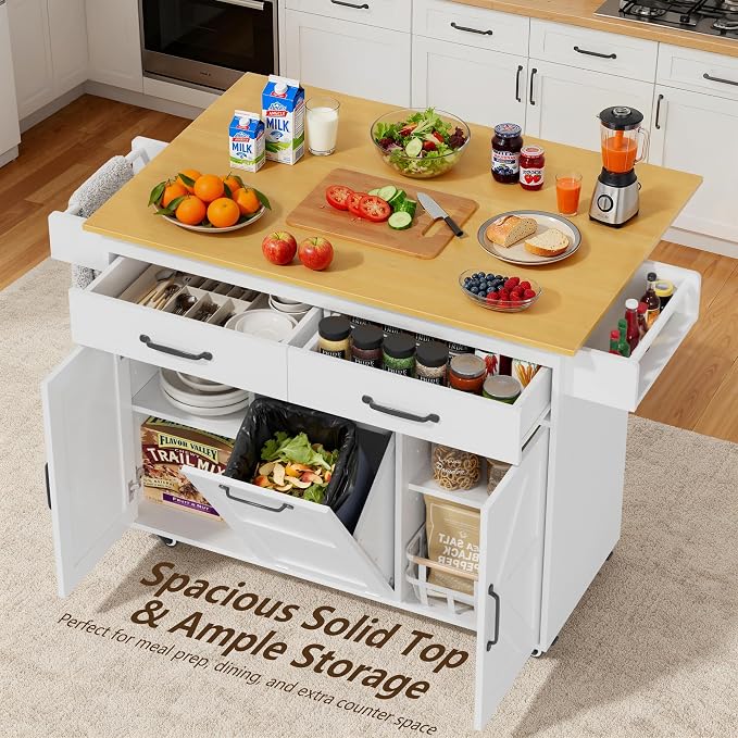 YESHOMY Kitchen Island on Wheels with Trash Cabinet, White & Brown | 56" Mobile Cart with Drop Leaf and Drawers, Rolling Portable Table with Spice Rack & Towel Holder for Dining Room