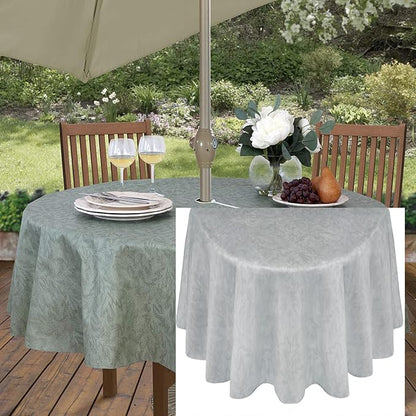 Newbridge Napa Leaf Grey Vinyl Flannel Backed Tablecloth, 70 Inch Zippered Umbrella Round, Hotel Quality Waterproof Indoor Outdoor Table Cover for Kitchen, Patio, Dining, BBQ