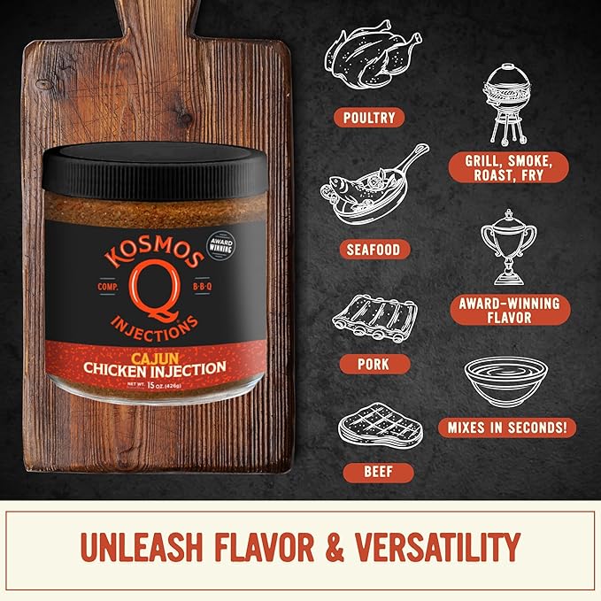 Kosmos Q Cajun Chicken Injection, Award-Winning Cajun BBQ Marinade for Whole Chicken, Wings, Roasted, and Smoked Meats, Juicy Flavor with Salt & Spice Blend, 15 Oz Jar
