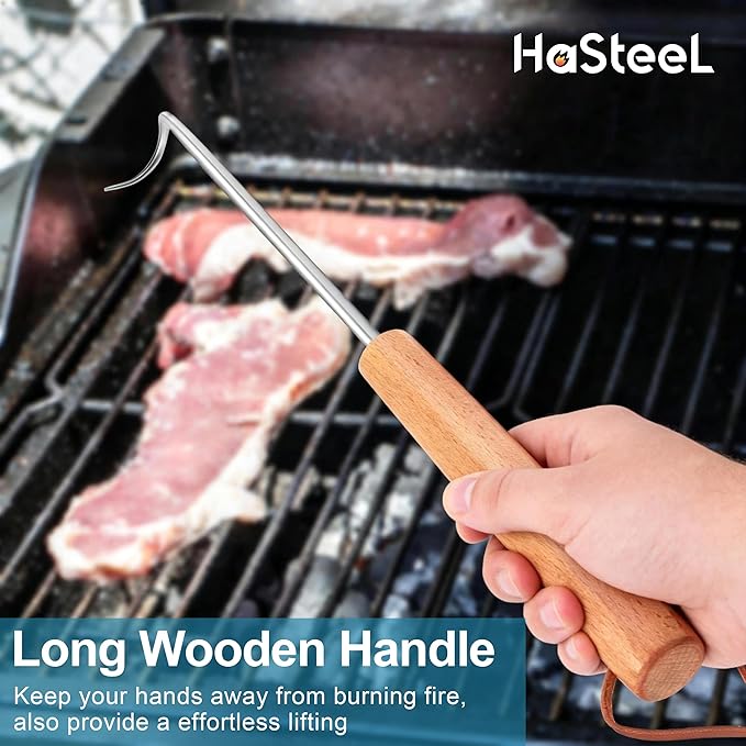 Stainless Steel Pigtail Food Flipper, HaSteeL 11.8” Meat Turner Hook for Right Handed, Grill Accessories Steak Flippers With Wooden Handle for Outdoors Griddle BBQ Grilling Kitchen Cooking, Small