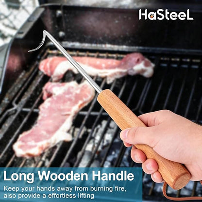Stainless Steel Pigtail Food Flipper, HaSteeL 11.8” Meat Turner Hook for Right Handed, Grill Accessories Steak Flippers With Wooden Handle for Outdoors Griddle BBQ Grilling Kitchen Cooking, Small