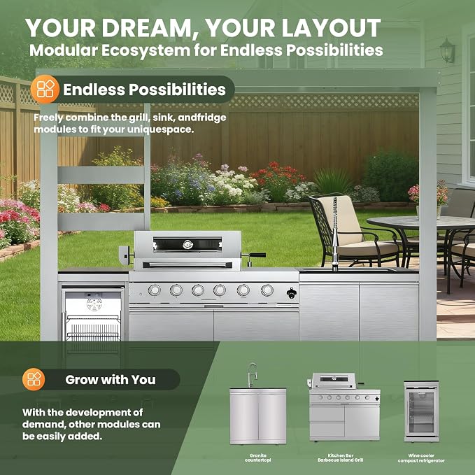 110" Outdoor Kitchen Island with 4-Burner 72000 BTU,Heavy-Duty Gas Grill with Side Burner,Rotisserie Oven,Galvanized Steel Roof,Granite Countertops,Refrigerator,Storage Cabinets,Sink.(Natural Gas)
