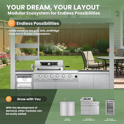 110" Outdoor Kitchen Island with 4-Burner 72000 BTU,Heavy-Duty Gas Grill with Side Burner,Rotisserie Oven,Galvanized Steel Roof,Granite Countertops,Refrigerator,Storage Cabinets,Sink.(Natural Gas)