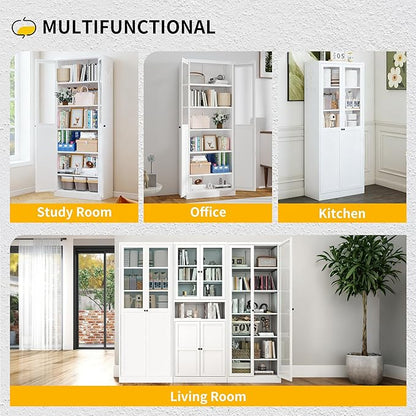 Pantry Cabinet with Glass Doors, 72” Kitchen Storage Cabinets with 5 Adjustable Shelves, Kitchen Pantry Cabinet with Ventilation Holes and Hooks for Home, Living Room, Pantry (White)