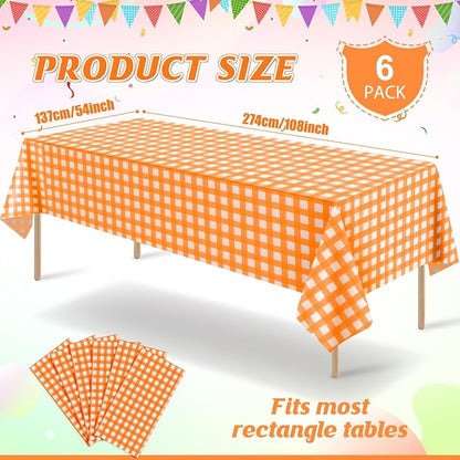 6Pcs Orange Gingham Tablecloths, Fall Checkered Table Covers 54x108 In | Orange and White Checkered Tablecloths Disposable Waterproof for Fall Picnic Halloween Barbecue Birthday Outdoor Party