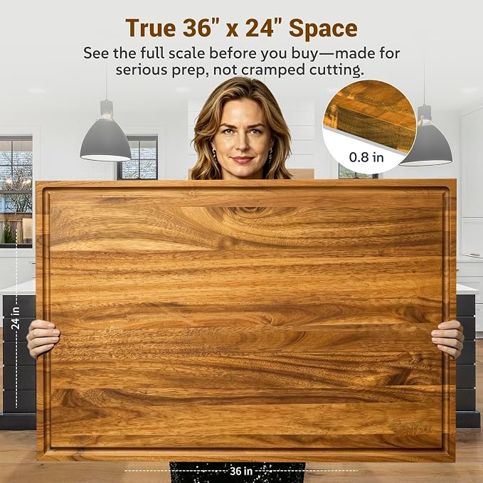 Sentsu Extra Large Acacia Wood Cutting Board 36 x 24 in, Deep Juice Groove | 100% solid acacia, handles, carving, serving, noodle board and countertop extender for turkey, brisket and BBQ