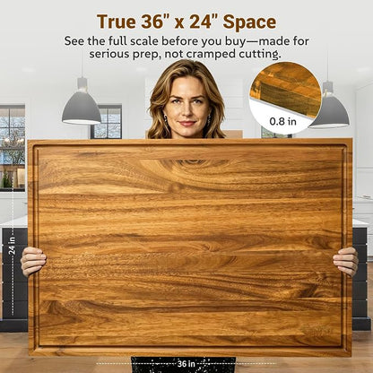 Sentsu Extra Large Acacia Wood Cutting Board 36 x 24 in, Deep Juice Groove | 100% solid acacia, handles, carving, serving, noodle board and countertop extender for turkey, brisket and BBQ
