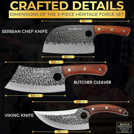 SliceElite Heritage Forge 3 Piece Butcher Knife Set Serbian Chef Meat Cleaver Viking Knife High Carbon Stainless Steel Full Tang Sandalwood Handle BBQ Grilling Camping Cooking Gift Set For Men & Women