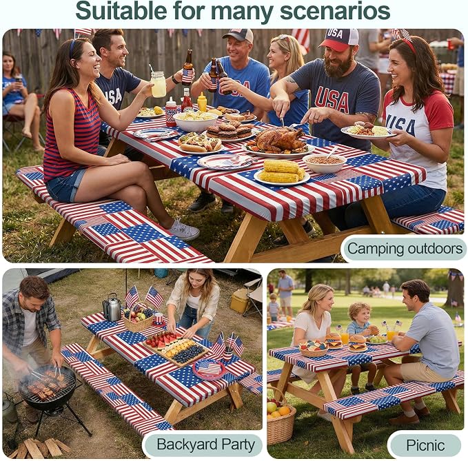 Picnic Table Cover with Bench Covers Camping Essentials Waterproof Windproof Camping Tablecloth with Drawstring Bag, Fitted Rectangle Tables and Seats, 96in, Red Blue White