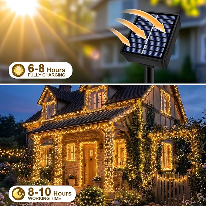 Solar String Lights 2 Pack Total 66FT 200LED Solar Fairy Lights Outdoor Waterproof 8 Lighting Modes Twinkle Lights for Patio, Garden Yard Party Wedding Tree Christmas Halloween Decoration, Warm White