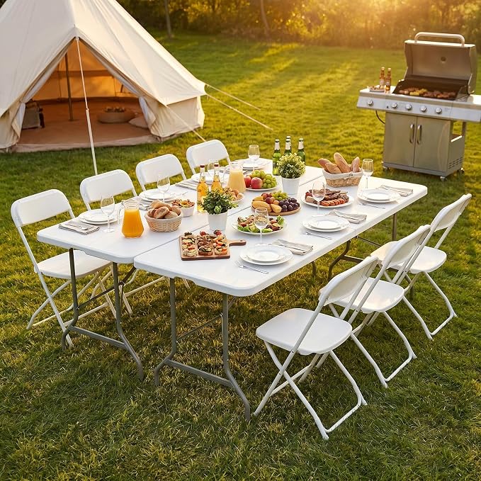 Sweetcrispy 6 FT Folding Picnic Table 2 Pack, Easy to Fold and Store, Foldable Table for Camping Picnic Dining Party Kitchen Outdoor Indoor with Carrying Handle