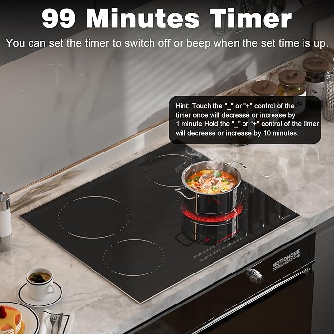 Hobsir 24 Inch Electric Cooktop 4 Burner 6000W, 24" Radiant Electric Stove Top, Built-in Ceramic Stove Top with Sliding Control, Timer, Safety Lock, 9 Power Levels, 220V-240V Hard Wire (No Plug)