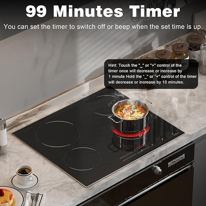 Hobsir 24 Inch Electric Cooktop 4 Burner 6000W, 24" Radiant Electric Stove Top, Built-in Ceramic Stove Top with Sliding Control, Timer, Safety Lock, 9 Power Levels, 220V-240V Hard Wire (No Plug)