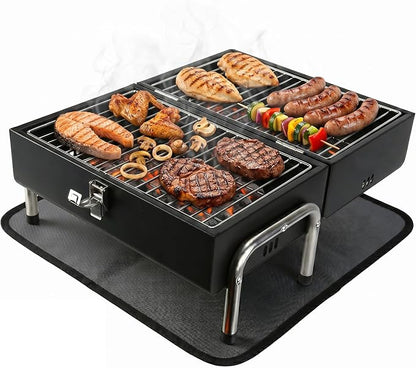 Portable Charcoal Grill with Heat Resistant Mat, 2 IN 1 Double-Sided Tabletop Small BBQ Grill for Backyard Party Outdoor Camping Beach BBQ, Easy Assembly, Heavy Duty, Black (270 Sq.In)
