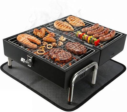 Portable Charcoal Grill with Heat Resistant Mat, 2 IN 1 Double-Sided Tabletop Small BBQ Grill for Backyard Party Outdoor Camping Beach BBQ, Easy Assembly, Heavy Duty, Black (270 Sq.In)